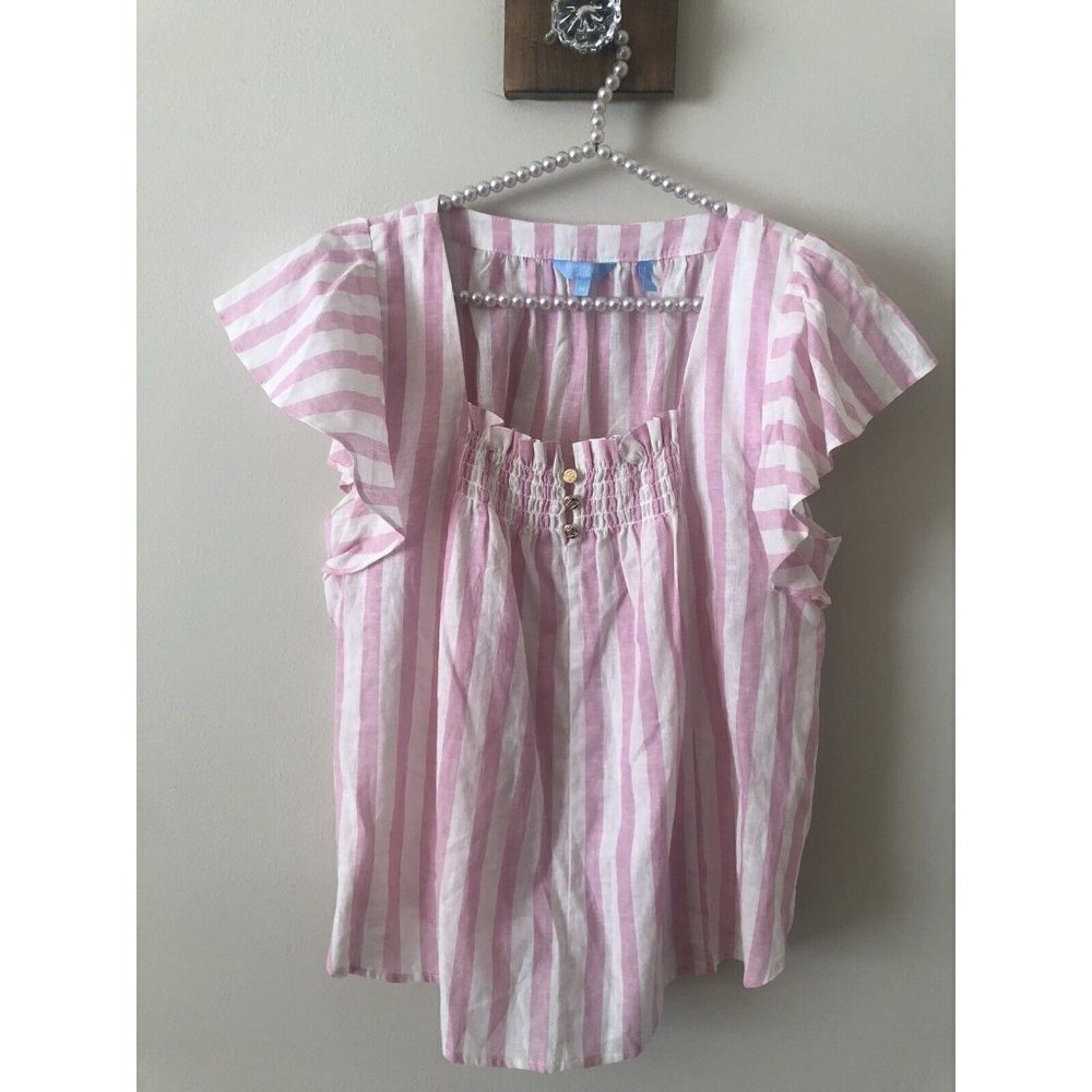 Draper James Size Medium RSVP Flutter Sleeve Smocked Top White Pink Stripe Linen